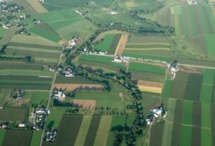 Aerial view of green farmland divided into patchwork fields