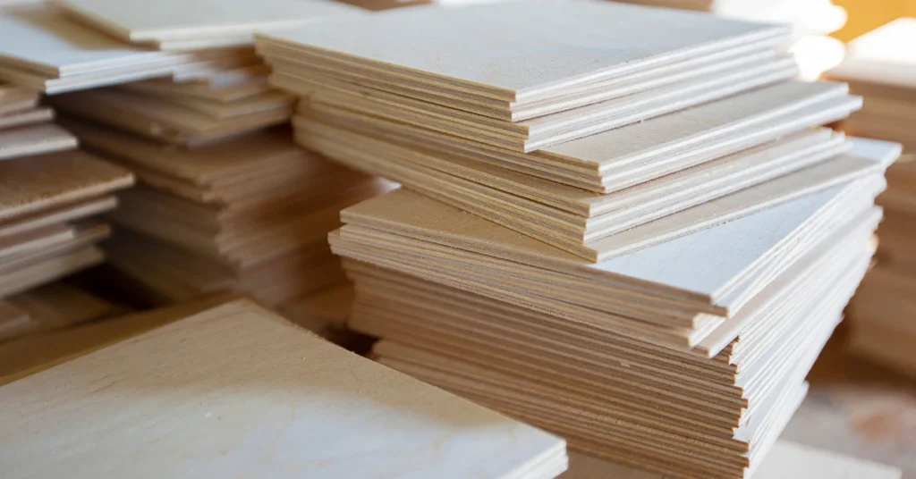 Stack of plywood sheets showing thickness