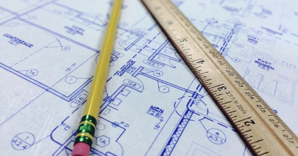 Wooden ruler and yellow pencil resting on a blueprint sheet