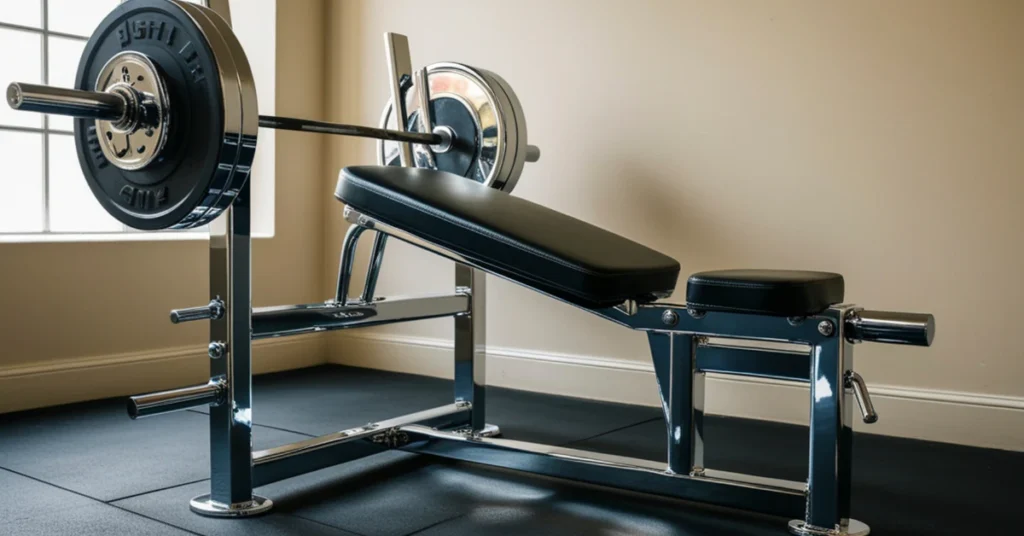 Gym bench press station with a barbell rack in a home gym