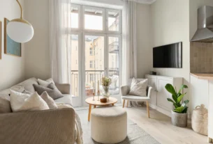 Bright open-concept living room with a sofa, large windows and a small kitchen area