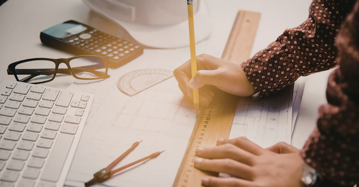 Person measuring with a wooden ruler on a desk