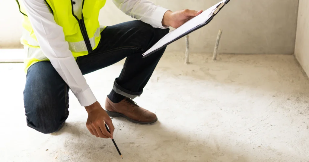 Surveyor in a safety vest crouching on the floor measuring a room