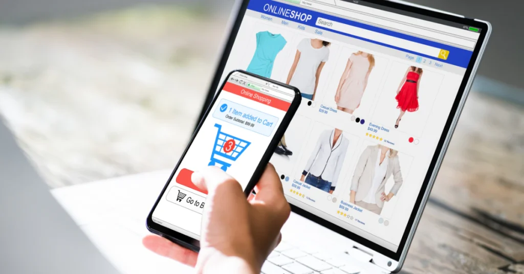 Person holding a tablet while shopping online for clothes, where product sizes are often listed in centimeters