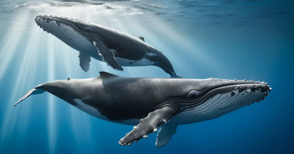Two whales swimming underwater with sunlight rays above