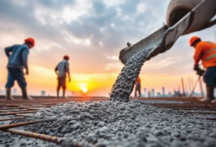 Workers pouring wet concrete onto a slab at sunset