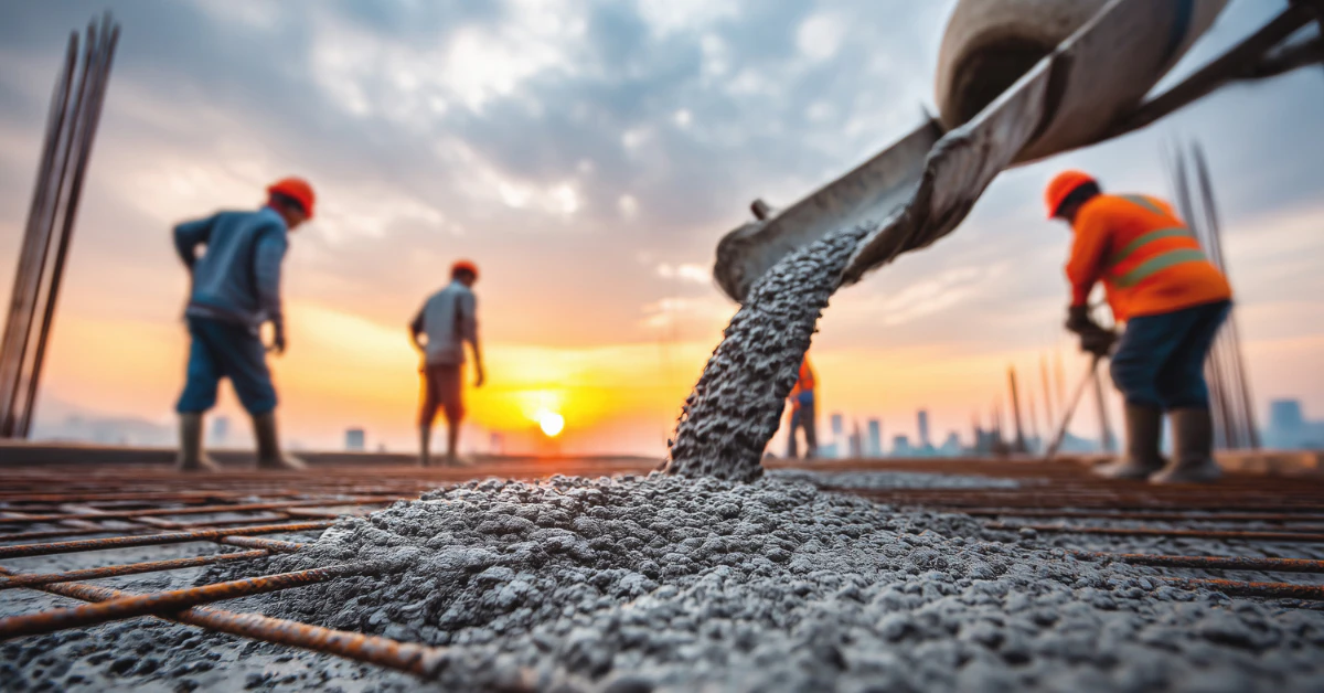 Workers pouring wet concrete onto a slab at sunset