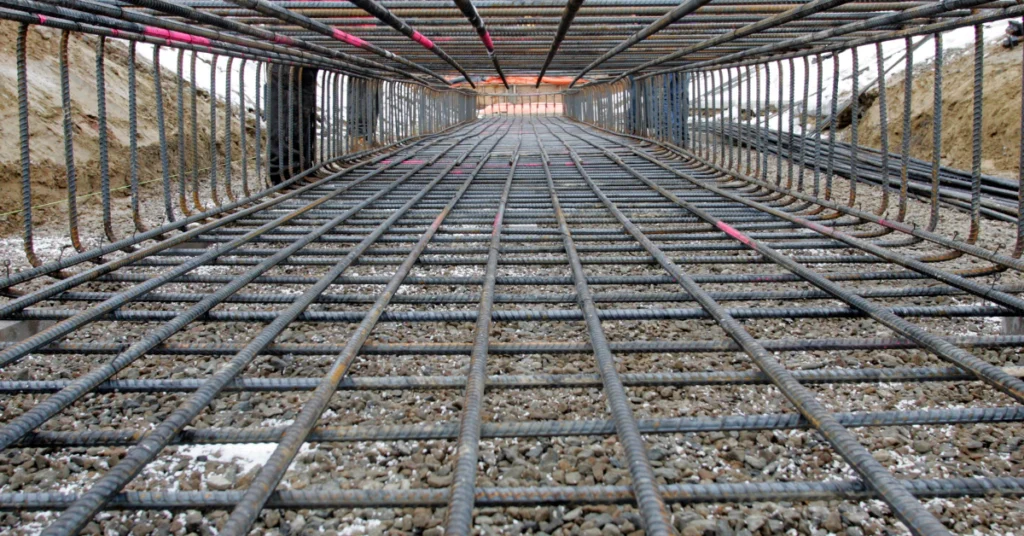 Steel rebar grid laid out for a concrete slab inside a building frame