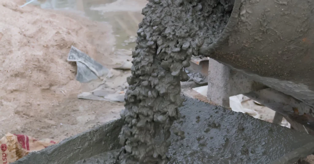 Wet concrete pouring down a chute