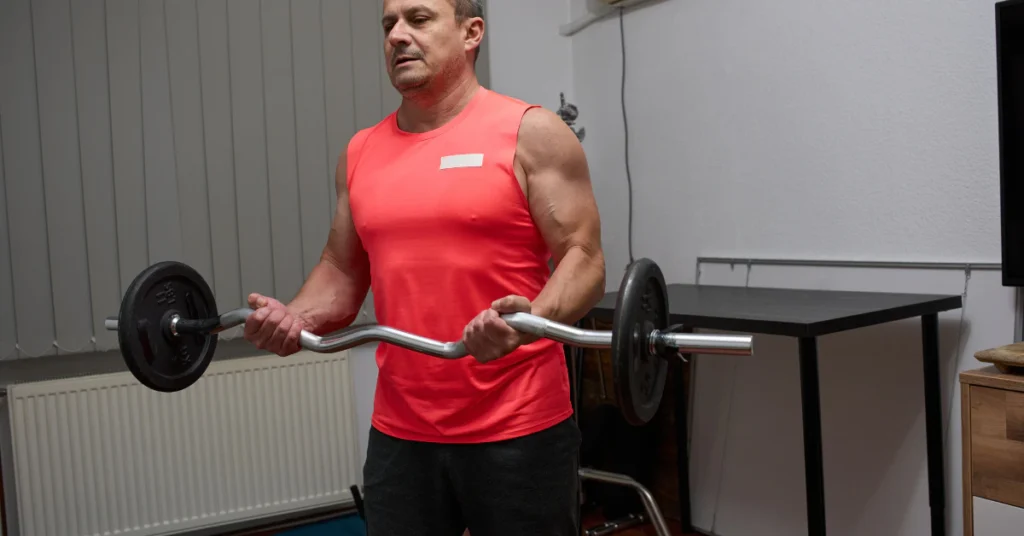 Man in a red tank top lifting a loaded curl bar in a gym, Olympic EZ curl bar